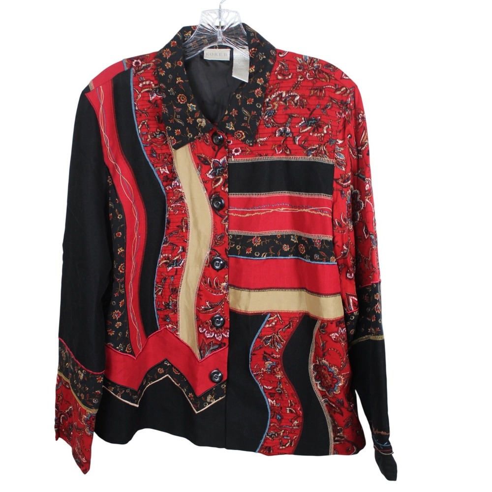 Koret Womens Mixed Print Patchwork Button Front Jacket Red Black Floral M